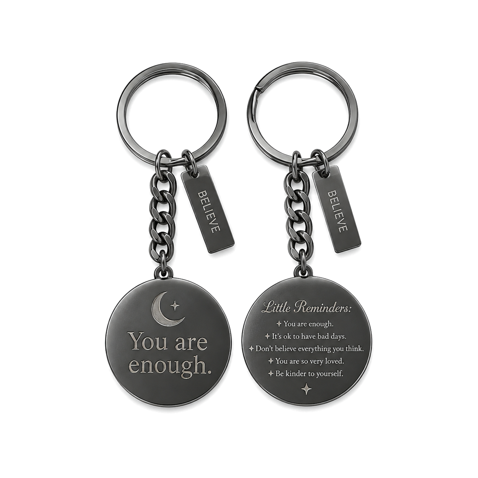 Charcoal Little Reminders keychain front and back